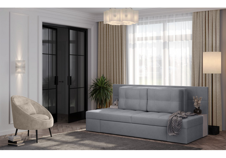 Даллас М / диван - кровать (велюр Ocean 023 серый/ЛДСП бетон пайн белый)